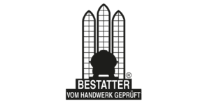 Logo mit dem Text &bdquo;BESTATTER VOM HANDWERK GEP&Uuml;FTE&ldquo; auf schwarzem Hintergrund.